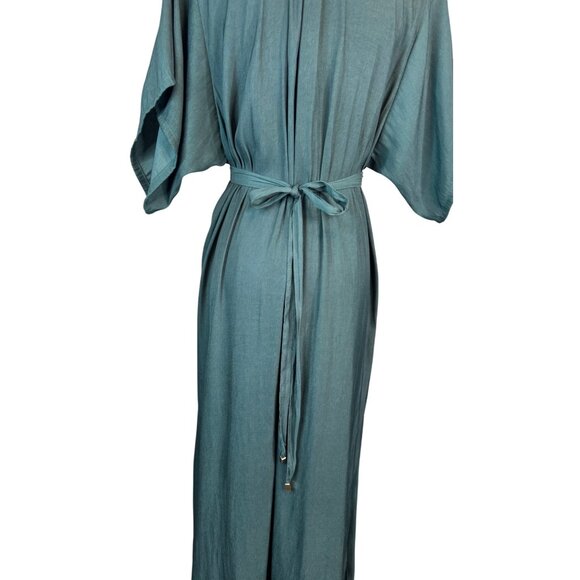 ZARA XS Green Midi Wrap Dress Tie Waist Puff Sleeves Polyester Fabric - Picture 10 of 15